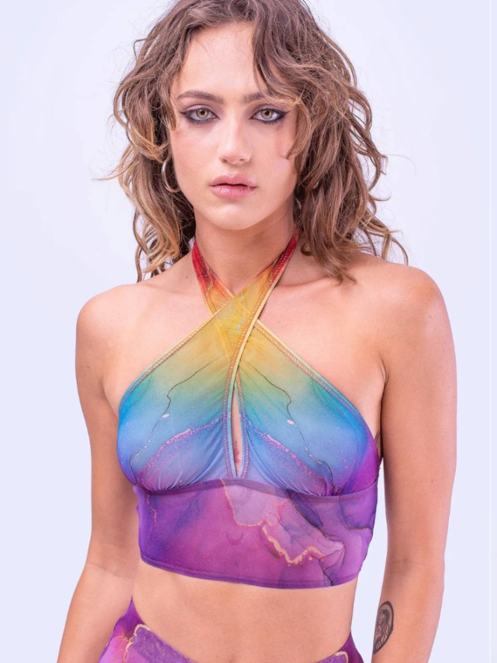 Badinka Rainbow Marble Mesh Set – Bell Bottom Pants + Crossed Sleeve Top-S - Picture 5 of 13